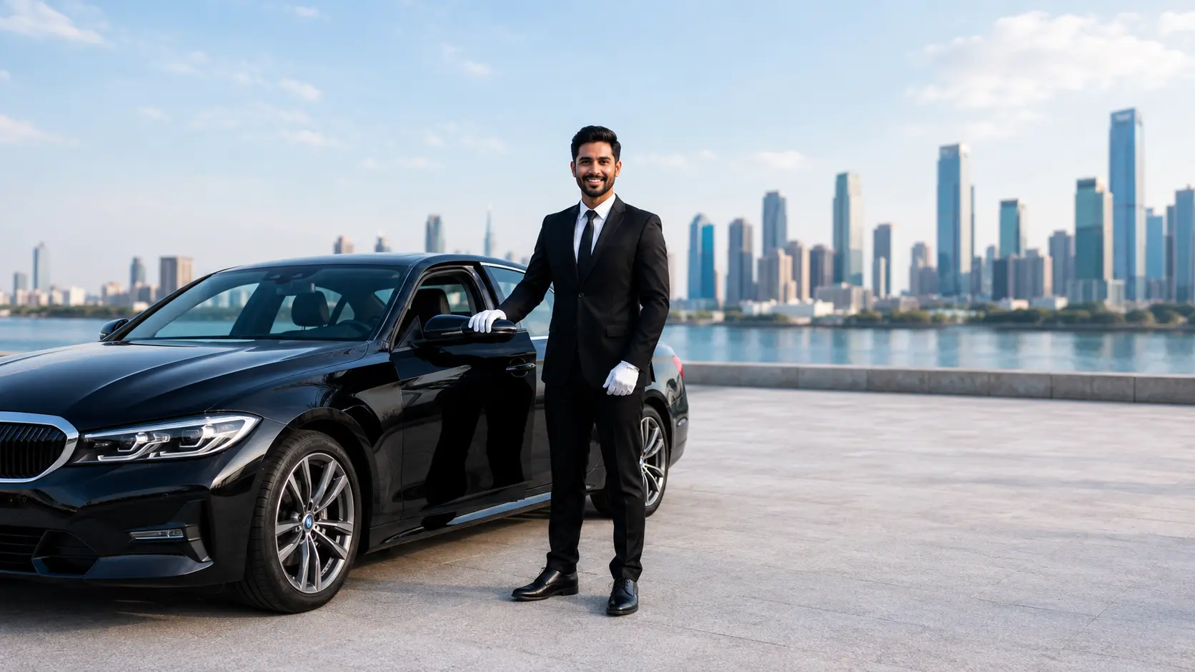 Professional chauffeur opening the door of a luxury car with a city skyline in the background