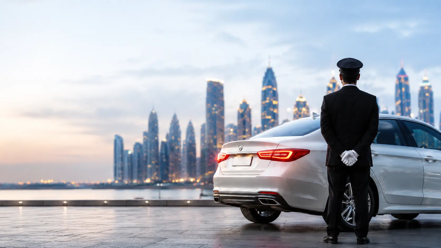 Professional chauffeur standing beside a luxury sedan with a city skyline in the background