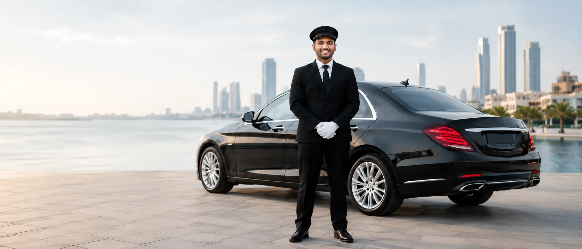 Professional chauffeur standing in front of a black luxury car with a bright city skyline