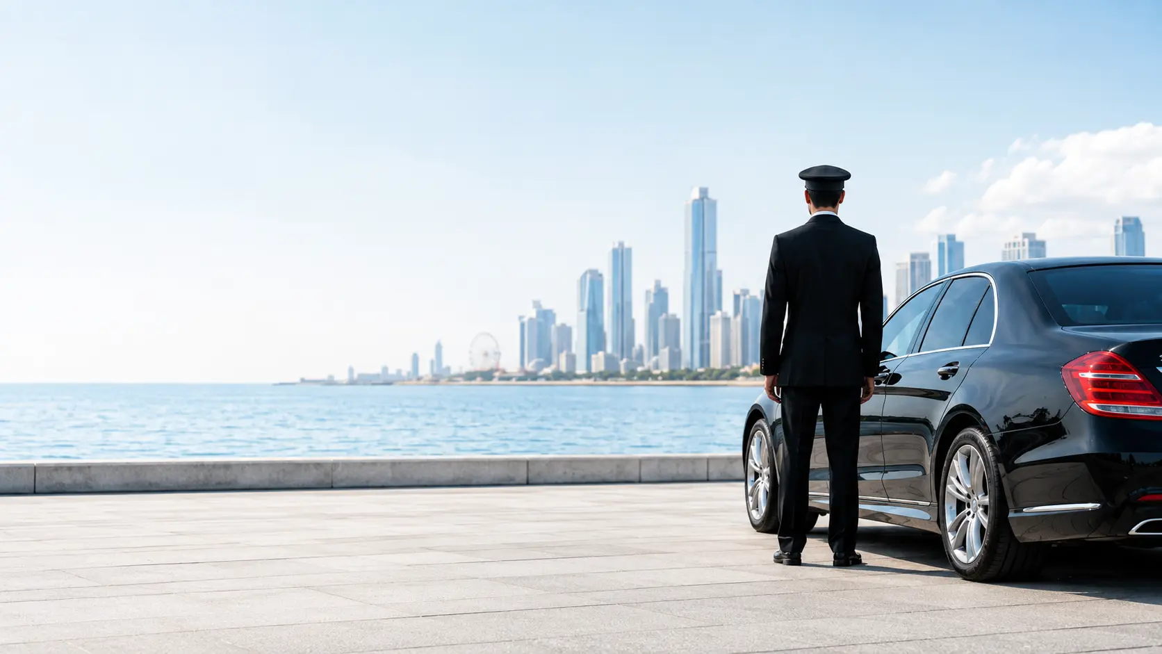 Professional chauffeur standing beside a luxury black sedan with a city skyline in the background
